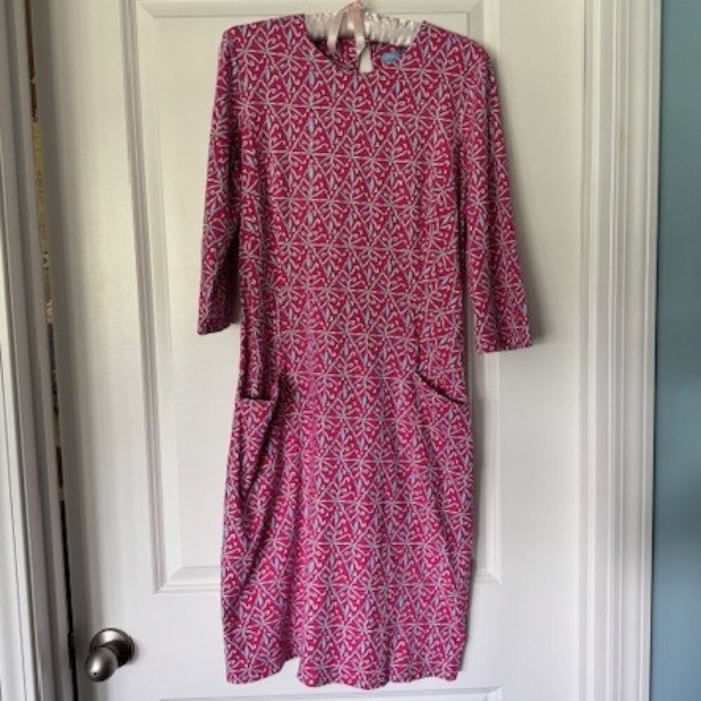 J. McLaughlin pink, blue, white midi dress with 3/4 sleeves Small